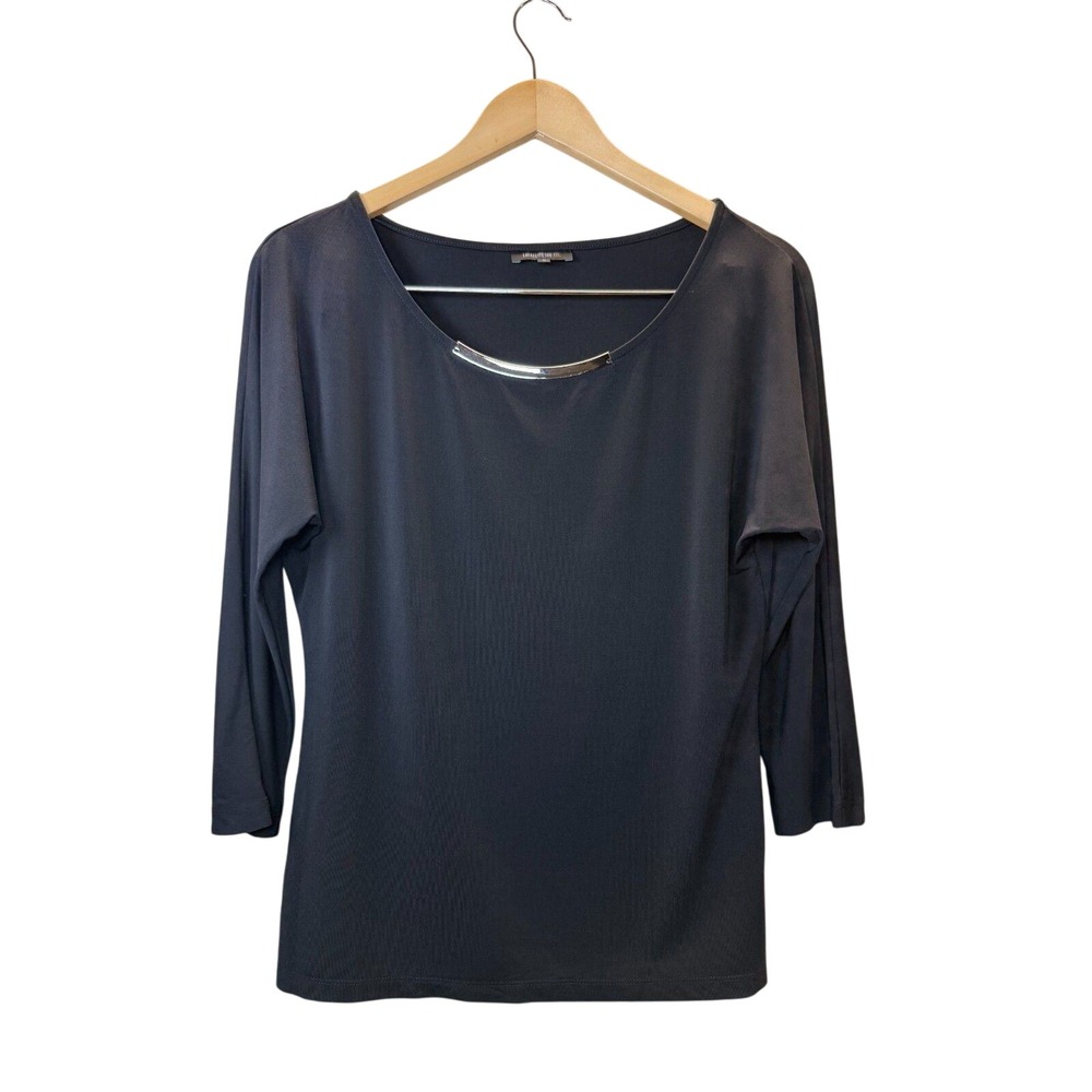 Lafayette 148 Top Womens Medium Black Metal Trim 3/4 Sleeve Blouse Casual